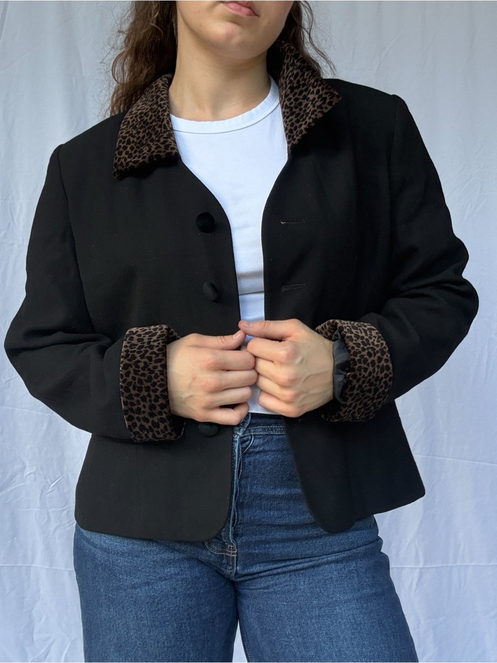 Kasper Black Blazer with Leopard-Print Collar and Cuff size 14